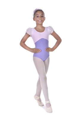 Girls bicoloured puff sleeved leotard pinched key hole